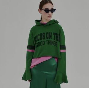 ZARA TRAFALUC Mint "FOCUS ON THE GOOD THINGS" Green|Pink Crop Hoodie SM
